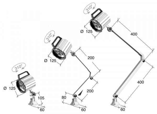 Work light 24V, arm length 105 mm